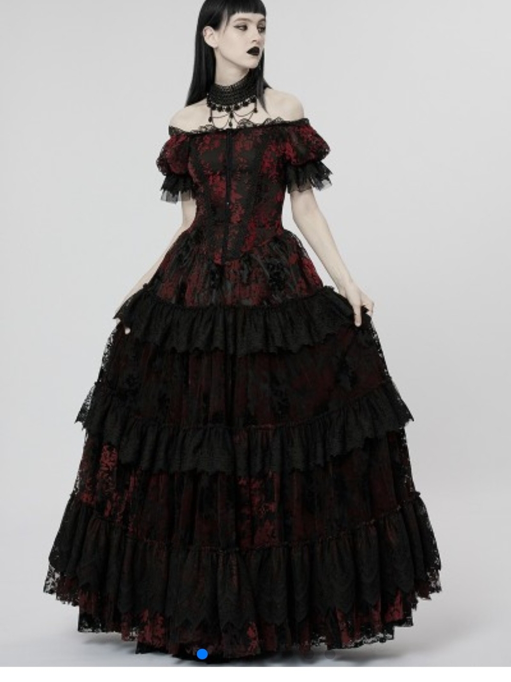 Punk Rave Off-Shoulder Red and Black Gothic Lace Ball Gown Dress